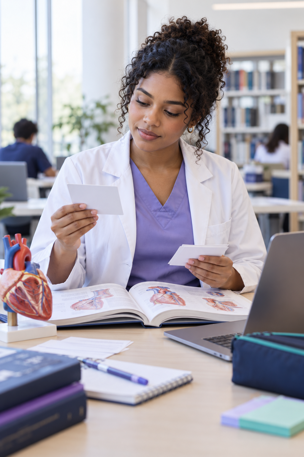 Escena ilustrativa de una estudiante de medicina repasando tarjetas con un libro y modelo de anatomía
