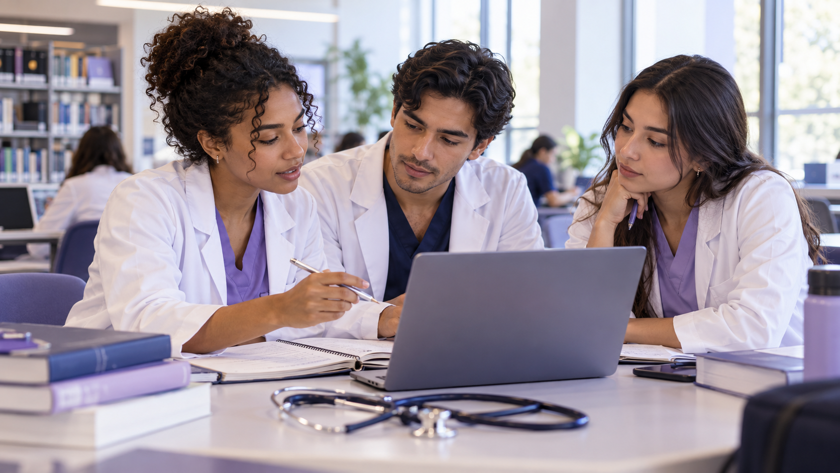 Escena ilustrativa de estudiantes de medicina repasando juntos en una biblioteca